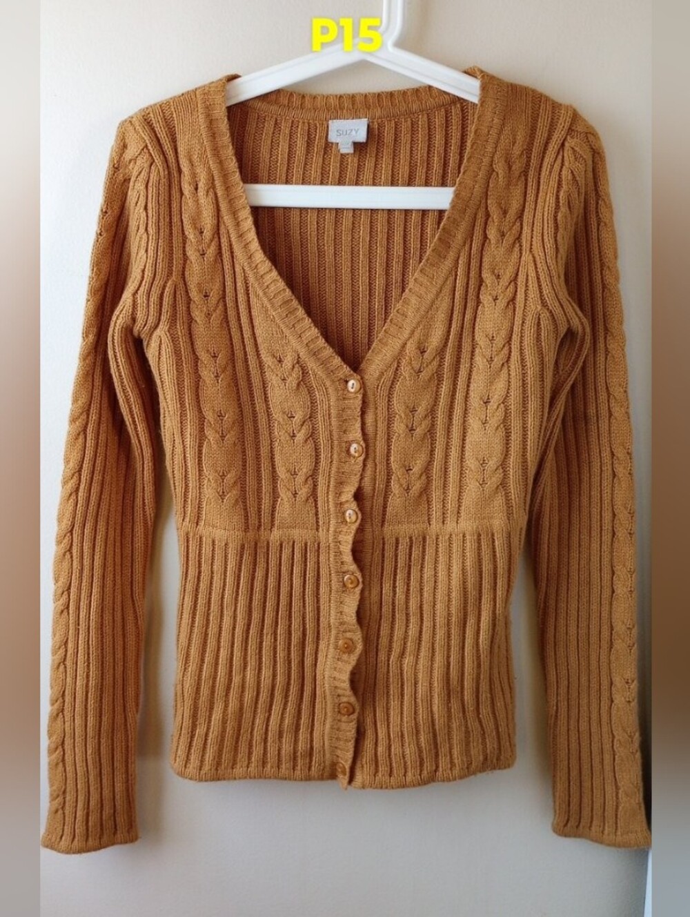 Cable Knit V-Neck Button-Front Sweater Cardigan - Mustard Small - Picture 2 of 5